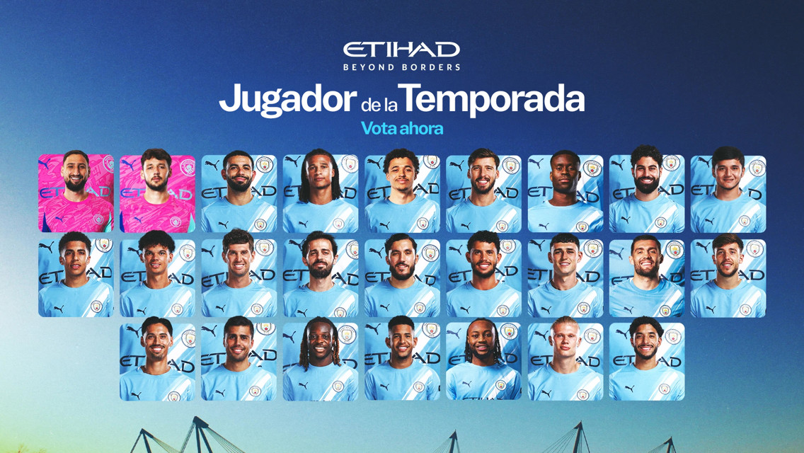 A poster encouraging votes for Manchester City's Player of the Season, featuring player portraits and Etihad sponsorship logos.
