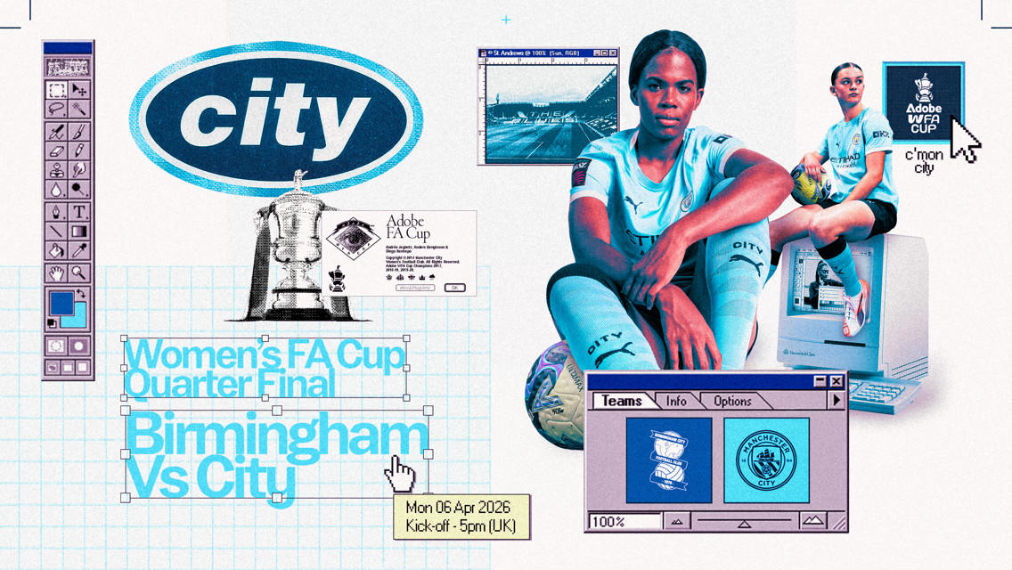 Collage-style graphic promoting the Women's FA Cup Quarter Final between Birmingham and City on 6 Apr 2026, featuring players, logos, and digital elements.