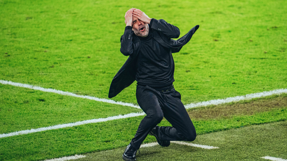 AGONY: Pep can't believe it as a big chance goes begging.