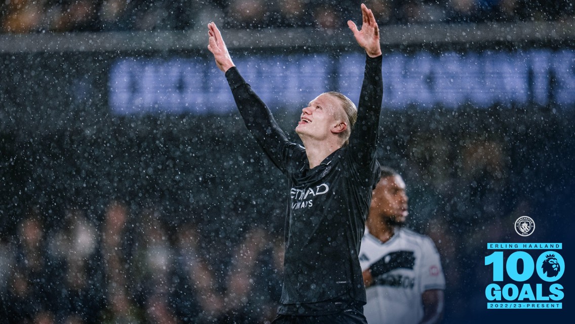 Erling Haaland celebrating under rain after achieving 100 goals in the Premier League for Manchester City, with a logo and text indicating the milestone.