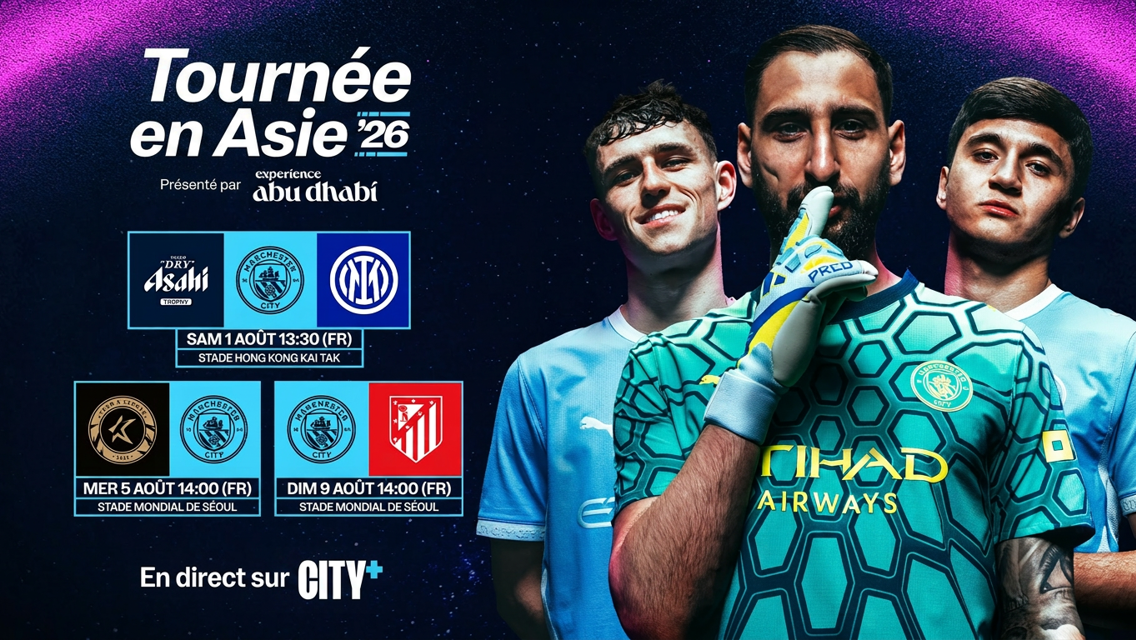 Manchester City's Asia Tour 2026 schedule featuring matches against Inter Milan and Atletico Madrid, presented by Experience Abu Dhabi, with players in team kits.
