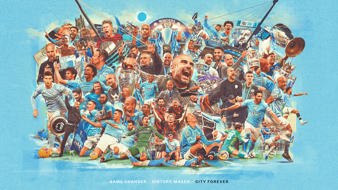 A collage of Manchester City celebration, players in blue jerseys with trophies and text 'Game Changer, History Maker, City Forever'.
