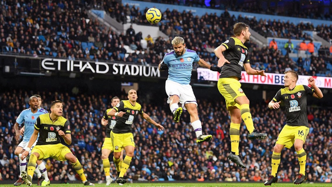 EFFORT: Sergio Aguero powers a header at goal.