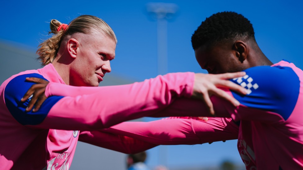 LEAN ON ME: Erling Haaland and Marc Guehi during a training drill