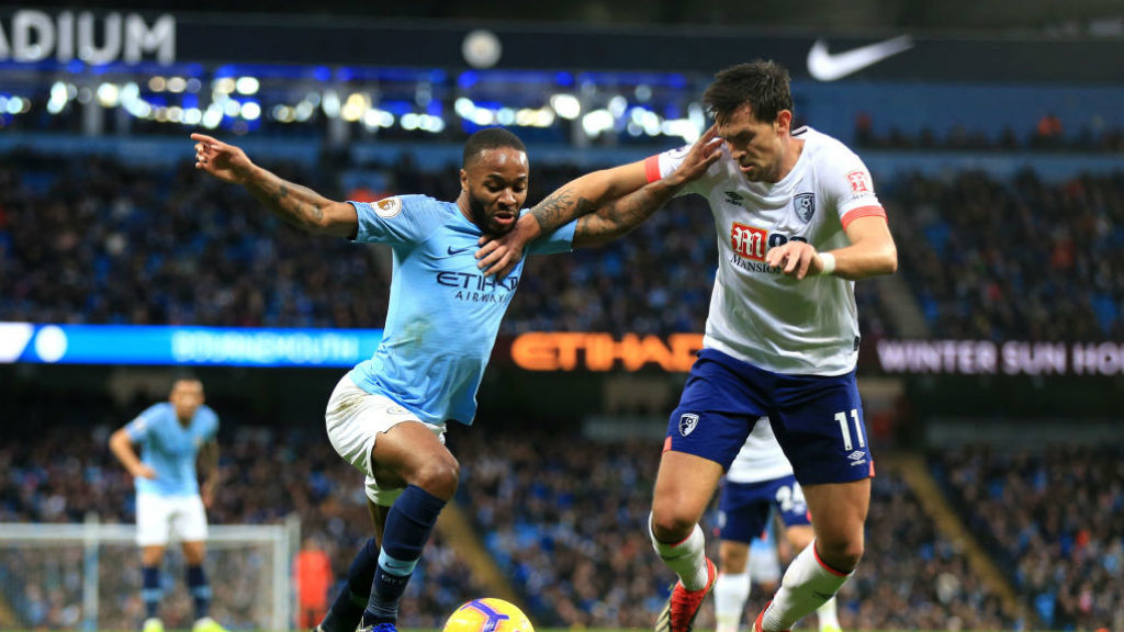 STERLING WORK : Raheem tries to go past Charlie Daniels