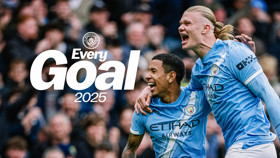 Blurred image showcasing two Manchester City players celebrating with the text 'Every Goal 2025' and Manchester City crest visible.