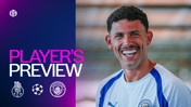 A smiling football player in a Manchester City jersey with text 'Player's Preview' and logos of FC Porto, UEFA Champions League, and Manchester City.