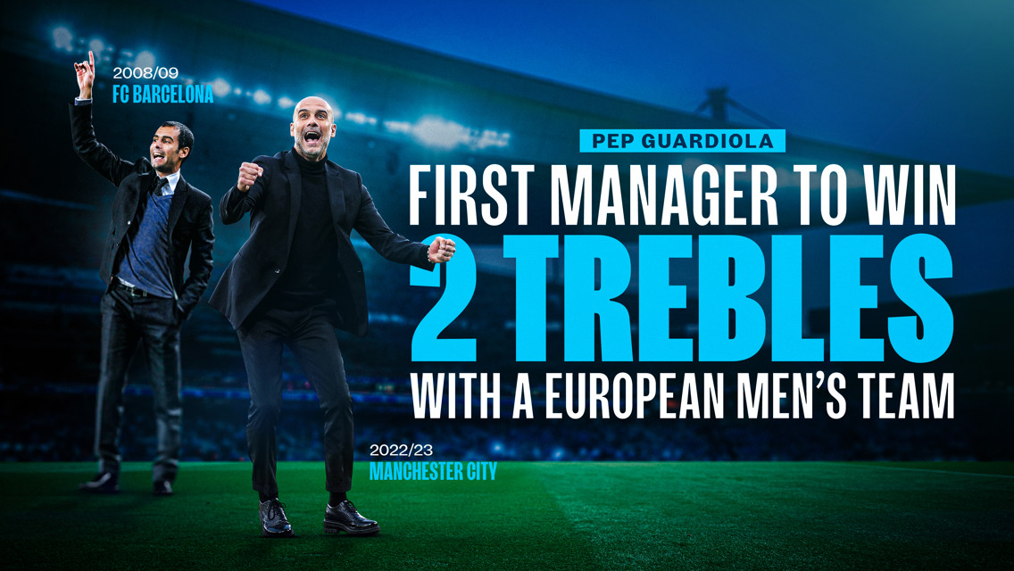 Guardiola becomes first manager to claim two European trebles  
