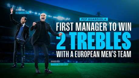 Guardiola becomes first manager to claim two European trebles  