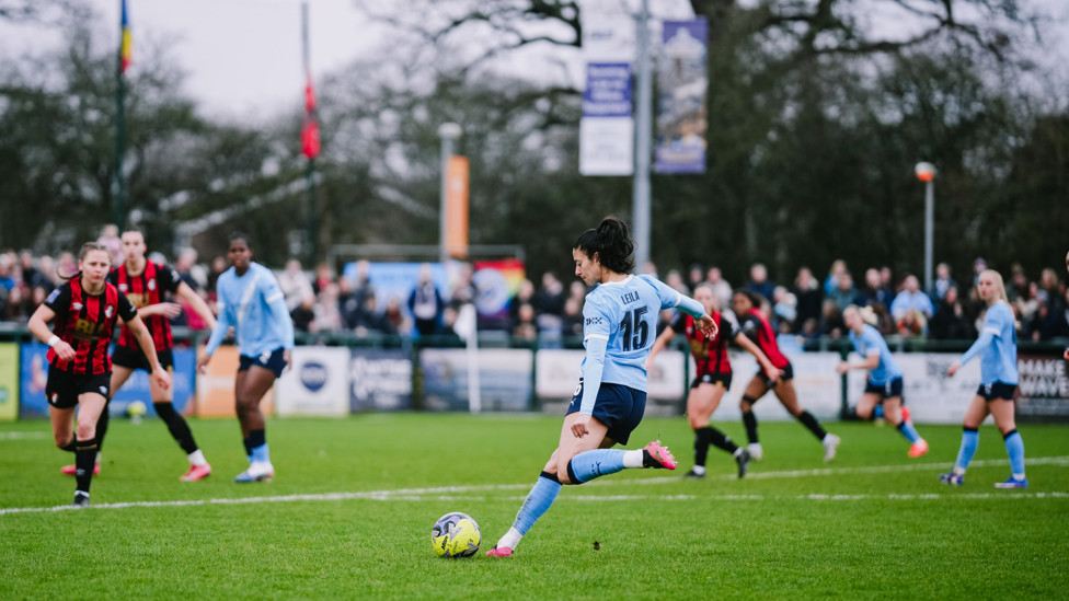 WING PLAY : Leila Ouahabi whips the ball in from the left.