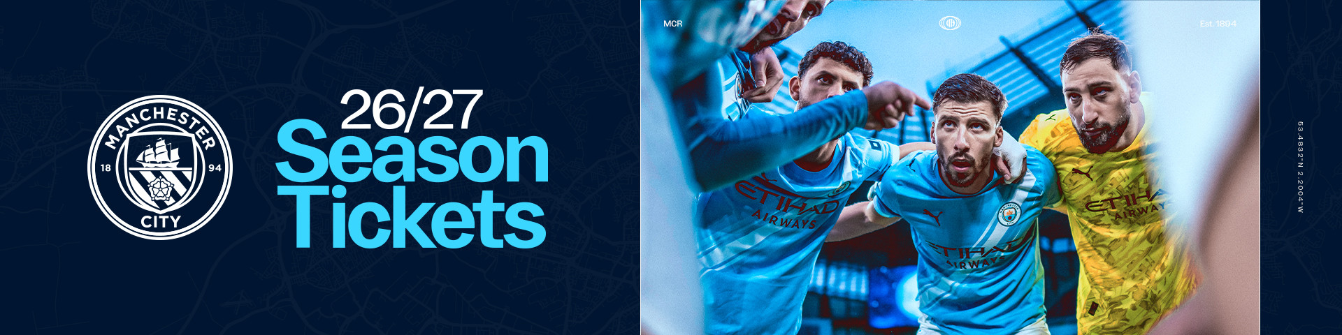 Manchester City season ticket promotion for 26/27 featuring blurred players in Manchester City jerseys.