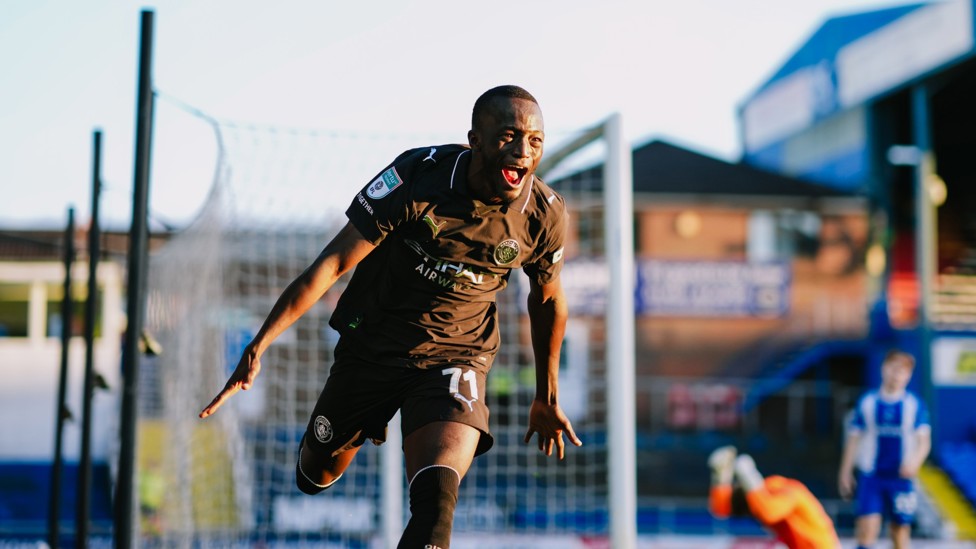 OFF THE MARK : Mahamadou Sangare celebrates his first City goal in style. 
