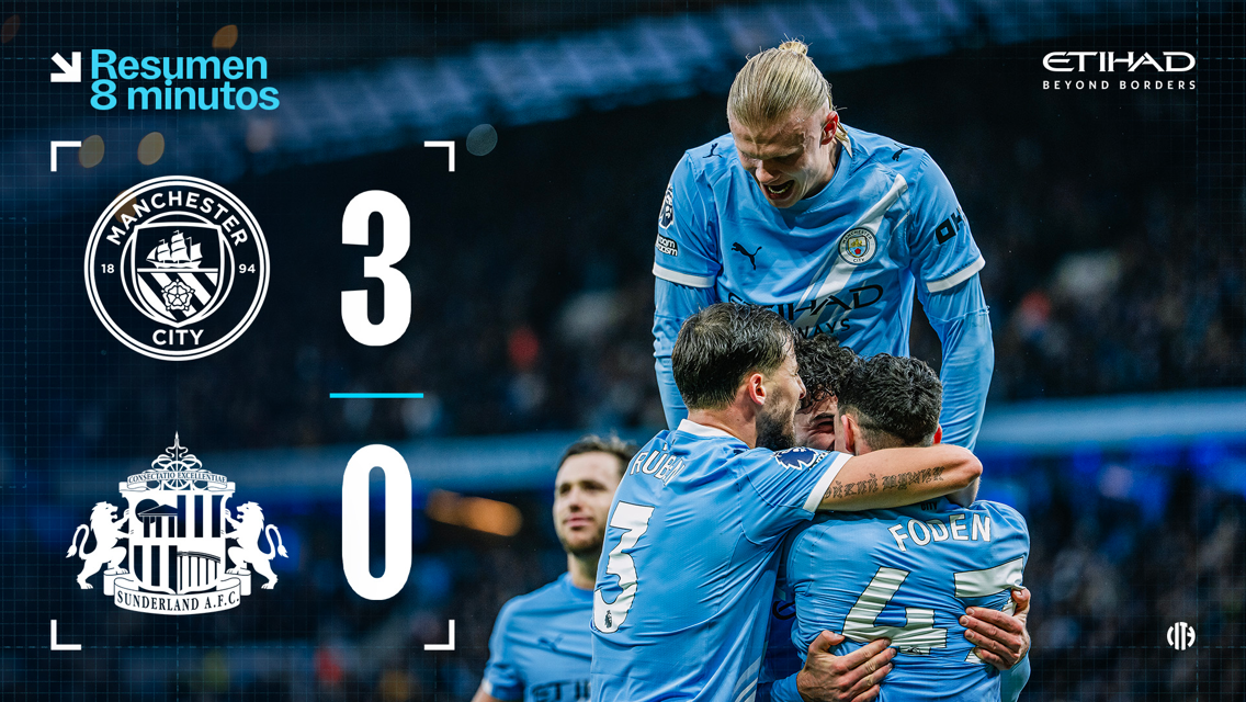 Image showing Manchester City winning 3-0 against Sunderland. Manchester City players celebrating a goal, with Phil Foden visible. The match summary highlights Manchester City's logo and Sunderland AFC's logo.