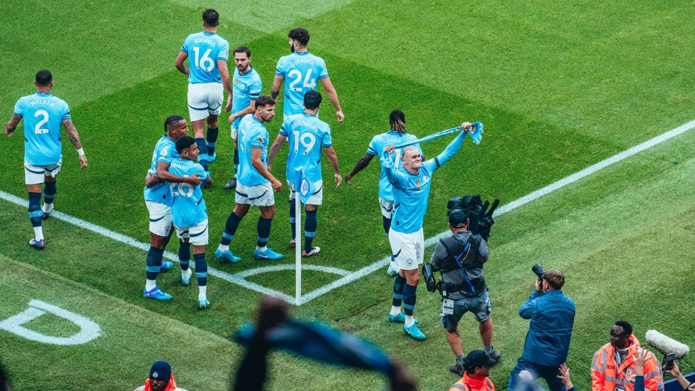 SCARF ACE : Erling Haaland enjoyed his goal against Arsenal at the Etihad