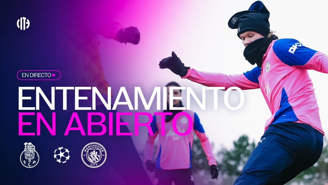 Graphic promoting Manchester City and FC Porto open training session. Includes logos and text 'ENTRENAMIENTO EN ABIERTO'.
