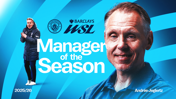 Graphic featuring Barclays WSL 'Manager of the Season' for 2025/26, Manchester City logo, and name Andrée Jeglertz.