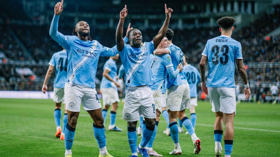 FOR YOU, THE FANS : Semenyo and Doku celebrate with the fans at St. James' Park after our Carabao Cup win over Newcastle in 2026.  