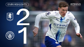 Image featuring a football player in a white and blue kit with the text 'Aston Villa 2 - 1 Manchester City' indicating match highlights.