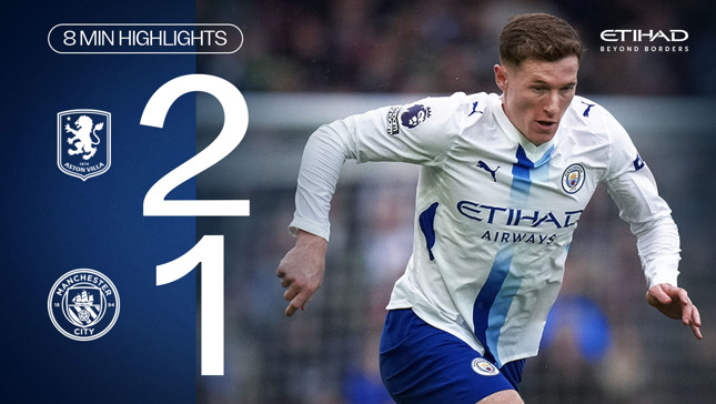 Image featuring a football player in a white and blue kit with the text 'Aston Villa 2 - 1 Manchester City' indicating match highlights.