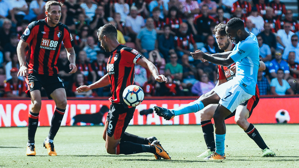 LATE WINNER : The England winger puts City ahead in the 97th minute away to Bournemouth in August 2017.