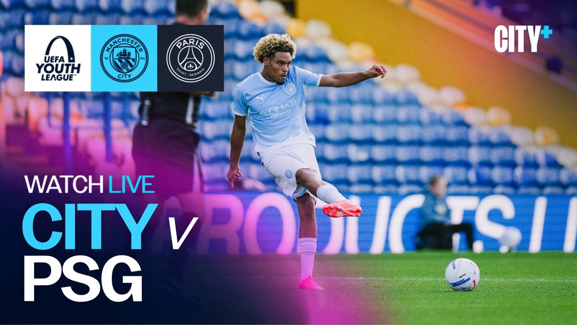 Promotional image for a UEFA Youth League match between Manchester City and Paris Saint-Germain, featuring a player in Manchester City's kit about to kick a ball.