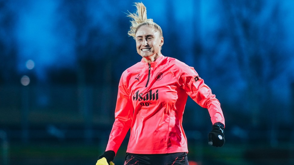 SUPER SKIPPER : Steph Houghton is full on enthusiasm despite the Manchester weather