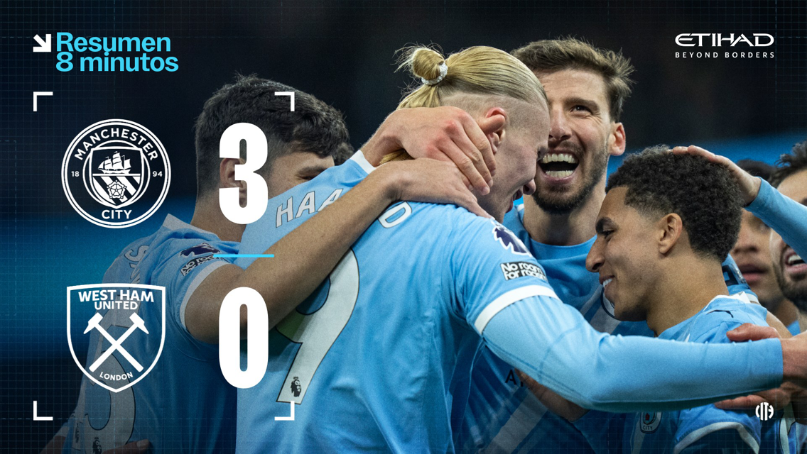 Image showing the score of a football match between Manchester City and West Ham United with a final score of 3-0. It displays the Manchester City and West Ham logos with blurred celebrating players.
