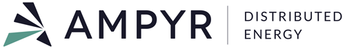Logo featuring the text 'AMPYR Distributed Energy' with a stylized triangle design on the left.