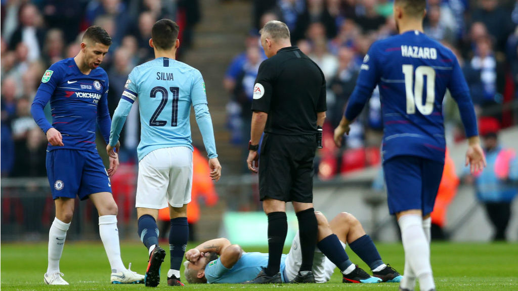 _Sergio Aguero was blocked by Jorginho barely seconds after kick-off