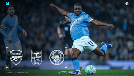 Promotional visual for Arsenal vs Manchester City Carabao Cup match on Sunday, March 22, 2026, at 16:30 UK time.