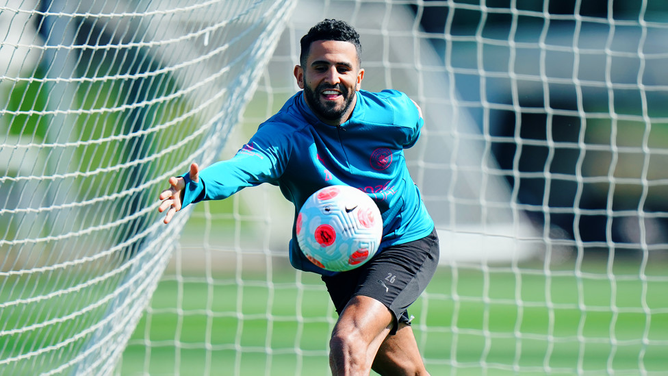 SAVE : Riyad Mahrez has a go in goal.