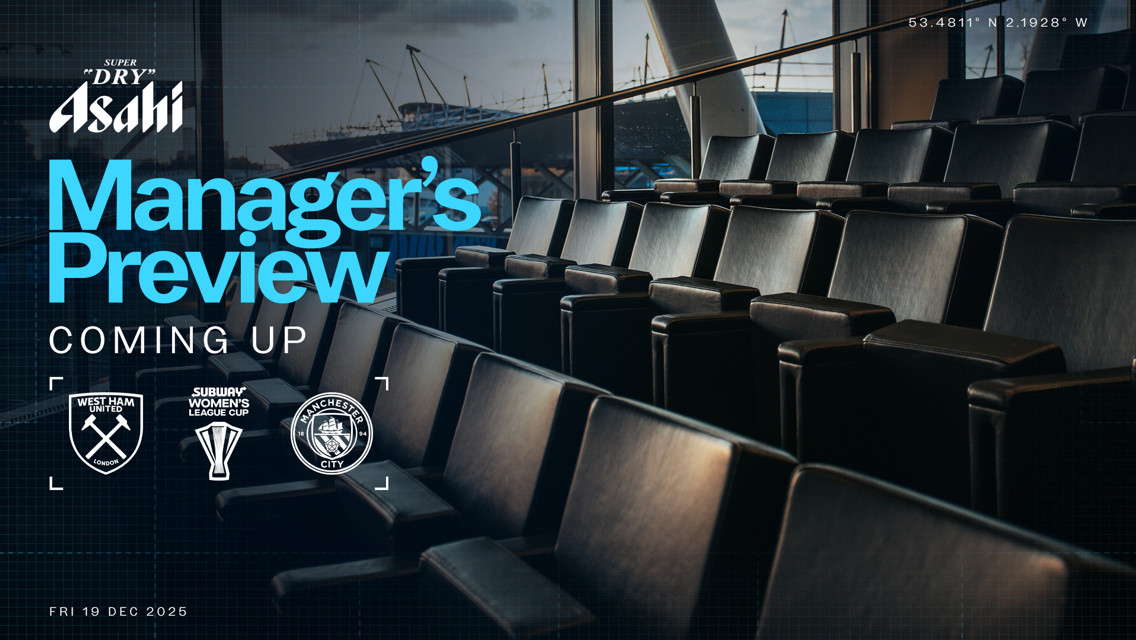 Manager's Preview image for West Ham United vs Manchester City in the Subway Women's League Cup on Fri 19 Dec 2025. Features empty stadium seats and logos.