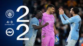 Manchester City and Brighton & Hove Albion ended 2-2 with Manchester City winning 4-3 on penalties. Image shows Manchester City players celebrating.