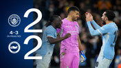 Manchester City and Brighton & Hove Albion ended 2-2 with Manchester City winning 4-3 on penalties. Image shows Manchester City players celebrating.