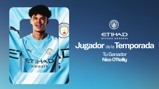A Manchester City player in the 2023/24 kit with the text 'Jugador de la Temporada' and 'Tu Ganador Nico O'Reilly' on the side.