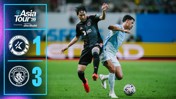 Manchester City won against Team K League with a score of 3-1 as part of the Asia Tour 2026 event, sponsored by Abu Dhabi. The image features players in action during the match.