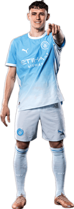 A person wearing a Manchester City football kit with Etihad Airways and Puma logos. The kit is light blue and white with the Manchester City crest.