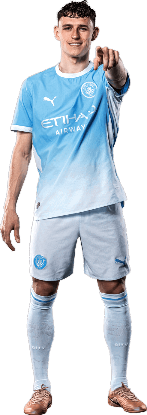 A person wearing a Manchester City football kit with Etihad Airways and Puma logos. The kit is light blue and white with the Manchester City crest.