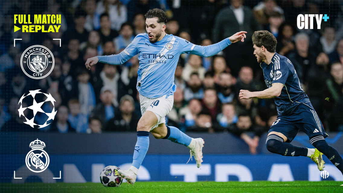 Action shot of Manchester City and Real Madrid players during a UEFA Champions League match. Includes Manchester City and Real Madrid logos.