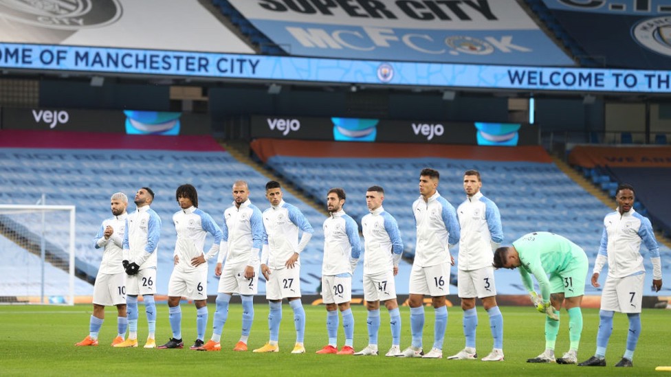 SQUAD GOALS : The starting team arrive on the Etihad pitch ahead of kick-off.