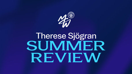 Design with the text 'Therese Sjögran Summer Review' in blue and white on a dark gradient background with Manchester City logo and initials.