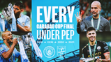 Manchester City Carabao Cup victories under Pep Guardiola from 2018 to 2021, featuring players with the trophy.