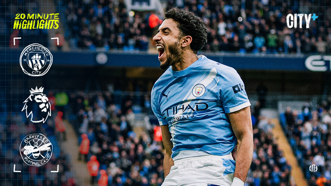 Blurred person wearing Manchester City kit with match information against Brentford, Premier League logos, and Etihad Stadium background.