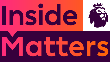 Text 'Inside Matters' with a lion logo, featuring a gradient background from pink to orange. The design is associated with the Premier League.