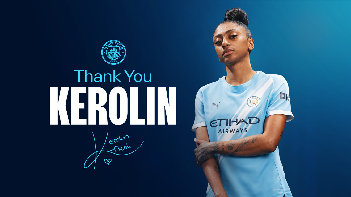 A thank you image for Kerolin featuring Manchester City's logo and the player in the club's home kit on a blue gradient background.