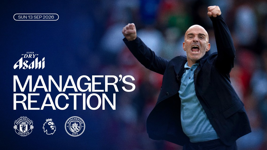 Image featuring a football manager celebrating with clenched fists. Text includes 'Manager's Reaction', 'Manchester United vs Manchester City', and the date 'Sun 13 Sep 2026' along with logos for Manchester United, Premier League, and Manchester City.