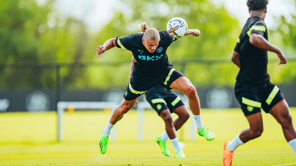 HEADING HAALAND : Erling Haaland heads towards goal