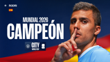 Image promoting a football player with text 'Mundial 2026 Campeón' alongside logos of Manchester City and FIFA World Cup, possibly predicting a championship outcome.