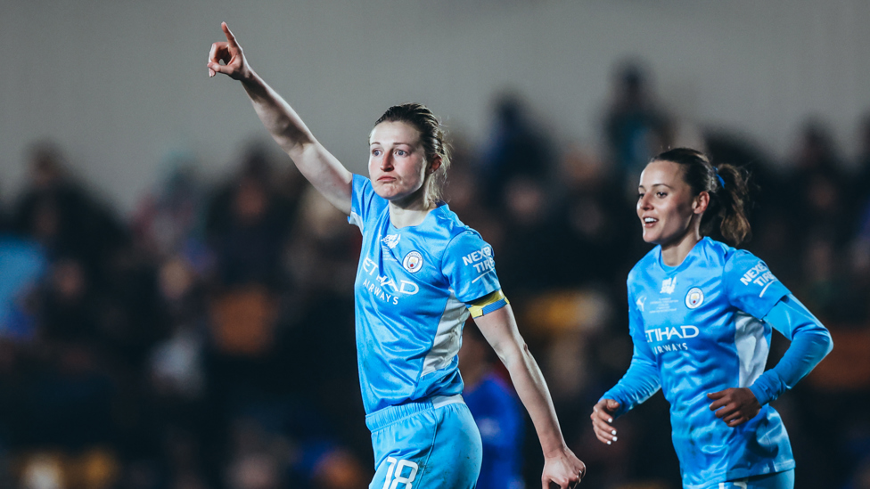 City Lead : Ellen White gave us the lead less than 10 minutes later when she converted Lauren Hemp's rebound