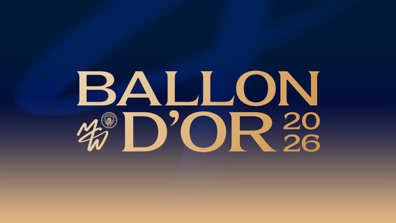 A graphic with the text 'Ballon d'Or 2026' featuring a signature and the Manchester City logo on a blue and gold gradient background.